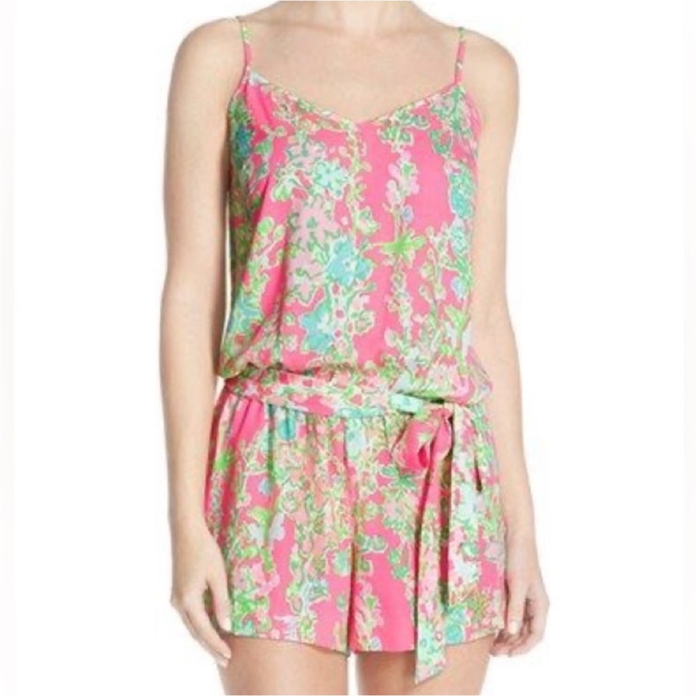 Lilly Pulitzer Deanna Romper Pink and Green Tie Waist Size Medium
